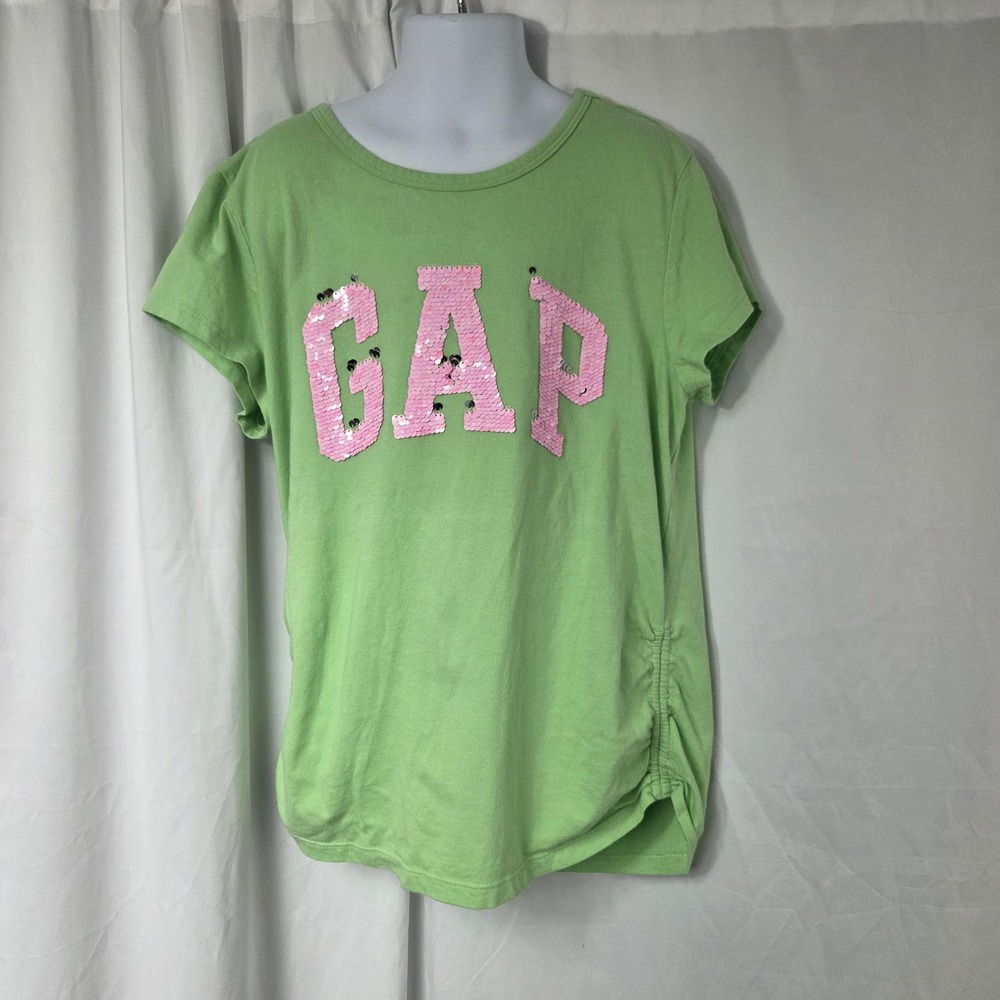 Gap Shirt Girls XXL 14-15 Green Sequin Logo Graphic Short Sleeve Tee Top